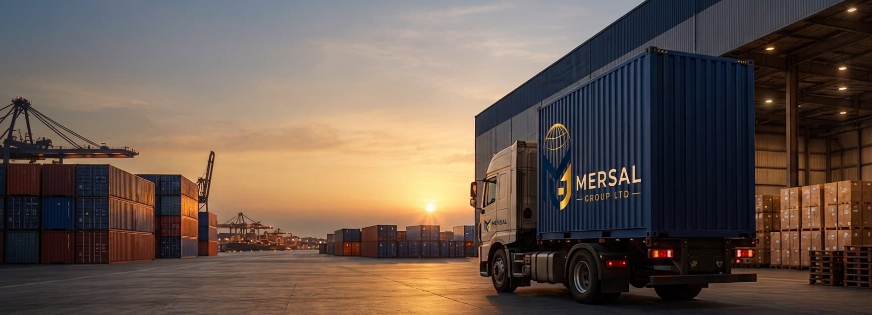 Mersal Group truck at a container yard at sunset