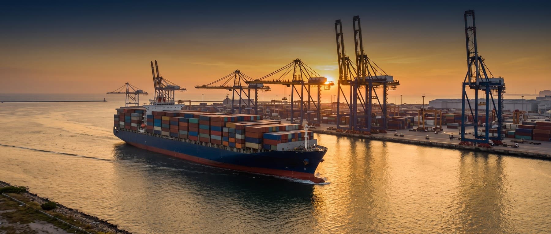 Cargo ship being loaded at a port at sunset